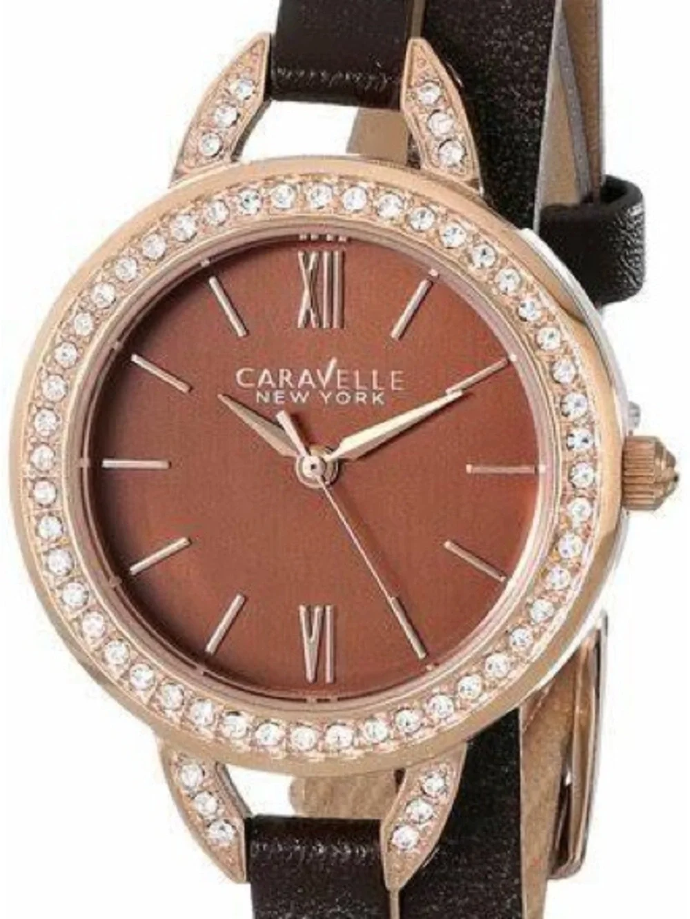 Caravelle New York Women's Brown Leather Double-Wrap Watch with Crystal Accents